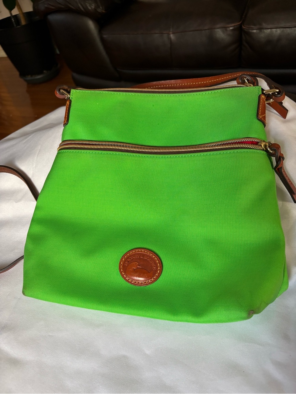 Dooney & Bourke Bright Green Canvas Crossbody with Brown Leather Trim